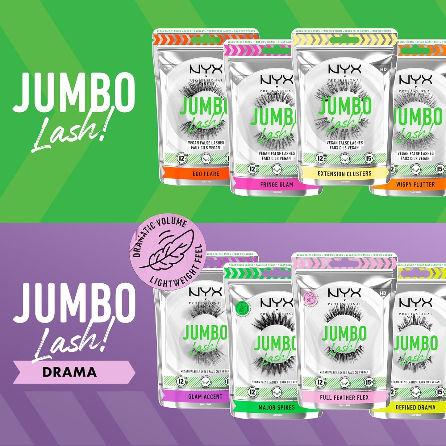 Jumbo Lash! Vegan False Eyelashes, up to 12HR Wear, Reusable Fake Lashes - Glam Accent