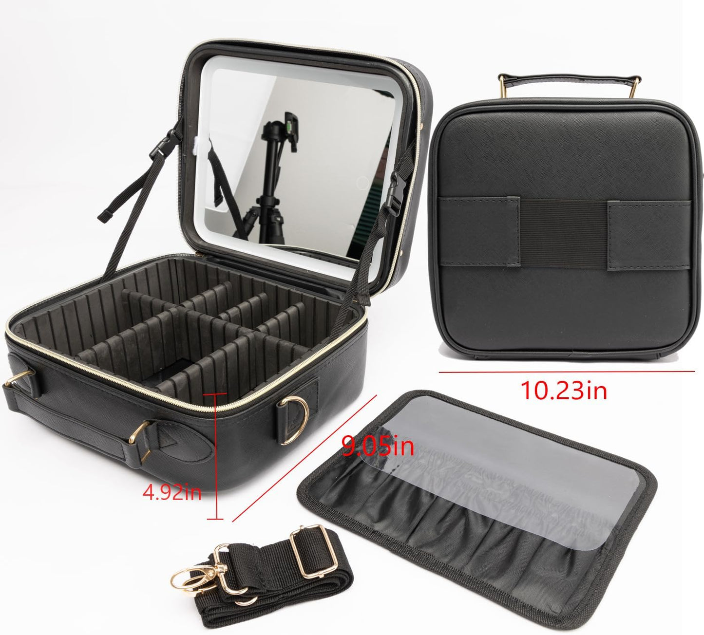 Travel Makeup Bag with LED Lighted, Cosmetic Case with Mirror, 3 Color Setting, Adjustable Dividers, Makeup Brushes for Women, Black, Waterproof, Scratch Resistant