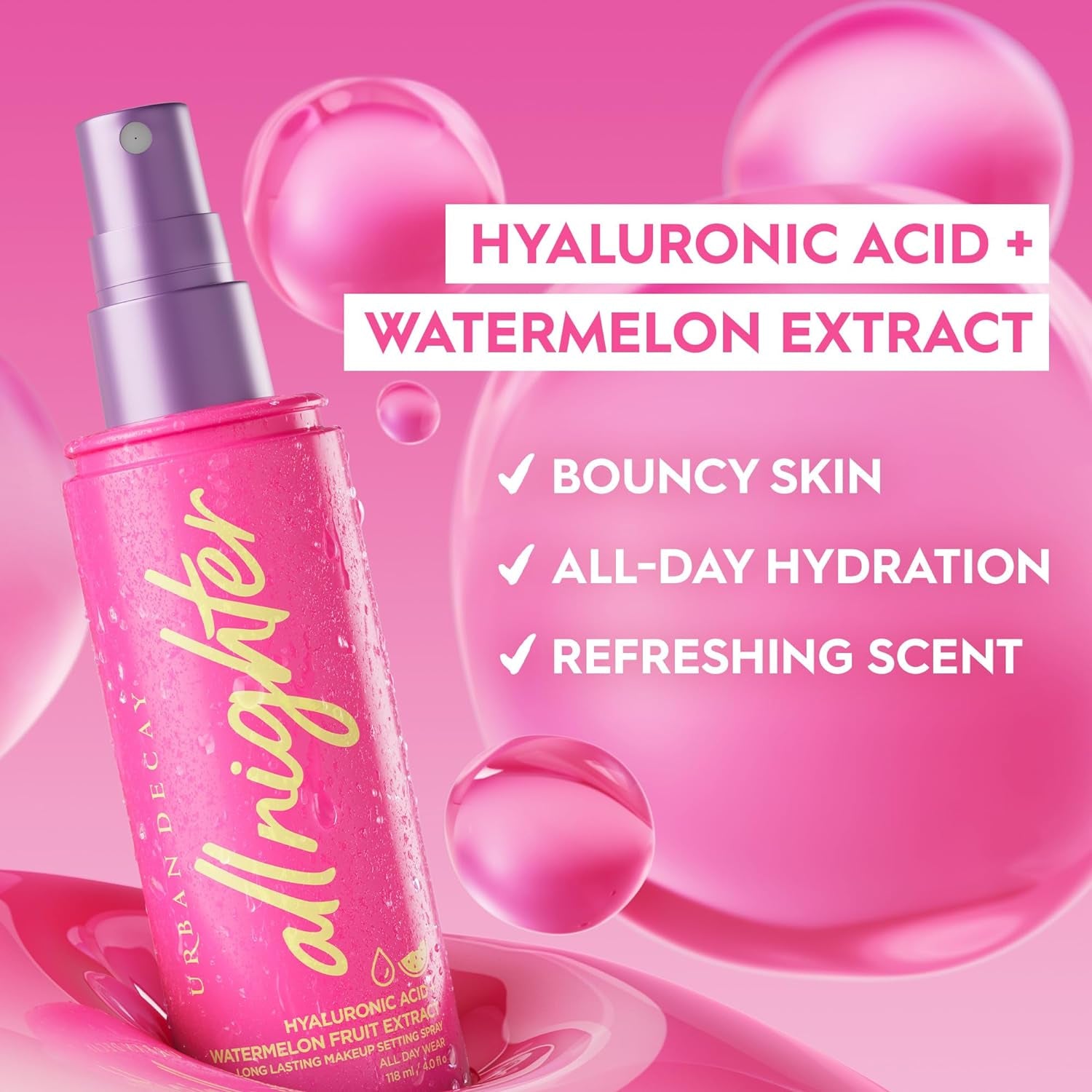 All Nighter Hyaluronic Acid Waterproof Dewy Setting Spray for Face, Hydrated Finish, Long-Lasting, Smudge-Proof & Transfer-Resistant Makeup, Oil-Free