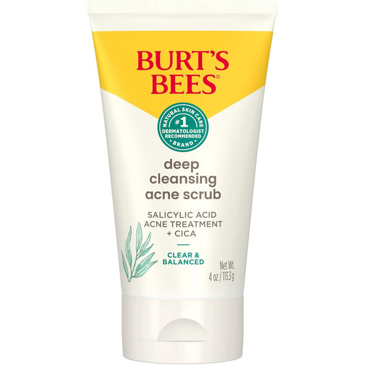 Burt’S Bees Back to School Dorm Essentials, Clear and Balanced Deep Cleansing Acne Scrub, Salicylic Acid Acne Treatment with Cica, Facial Cream Exfoliator Helps Unclog Pores and Reduce Acne, 4 Oz