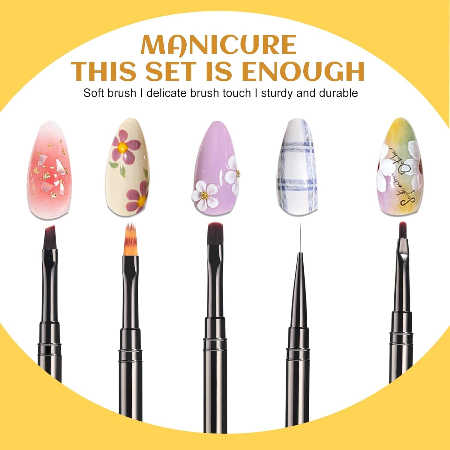 Nail Art Brushes Set-5Pcs Nail Tool for Nail Art U V Gel Nail Brushes, Acrylic Nail Brushes, Liner Brushes, Dotting Tools, Dust Brush, Dual End Drawing Pen, Nail Design Kit for Nail Salon Home Use