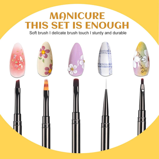 Nail Art Brushes Set-5Pcs Nail Tool for Nail Art U V Gel Nail Brushes, Acrylic Nail Brushes, Liner Brushes, Dotting Tools, Dust Brush, Dual End Drawing Pen, Nail Design Kit for Nail Salon Home Use