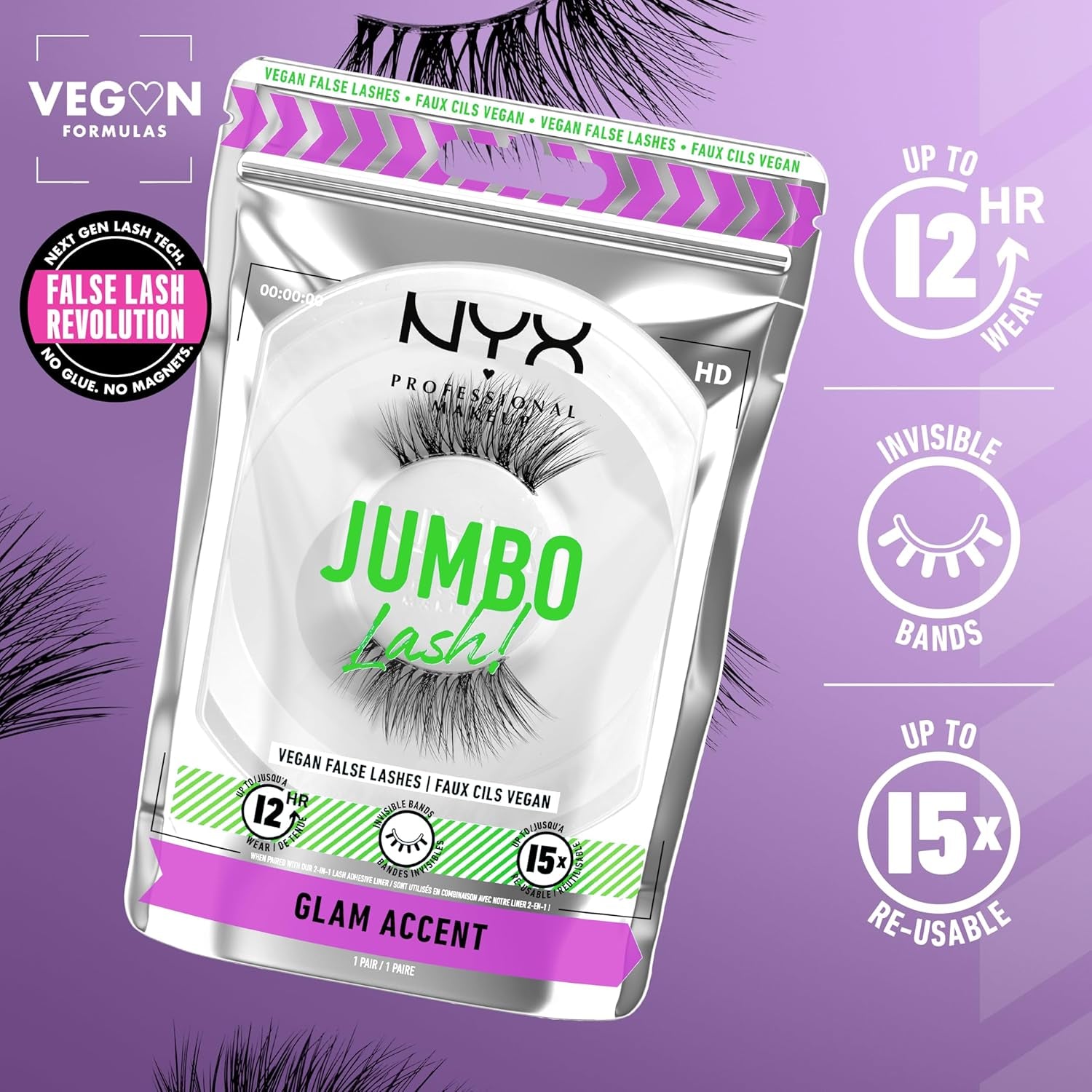 Jumbo Lash! Vegan False Eyelashes, up to 12HR Wear, Reusable Fake Lashes - Glam Accent
