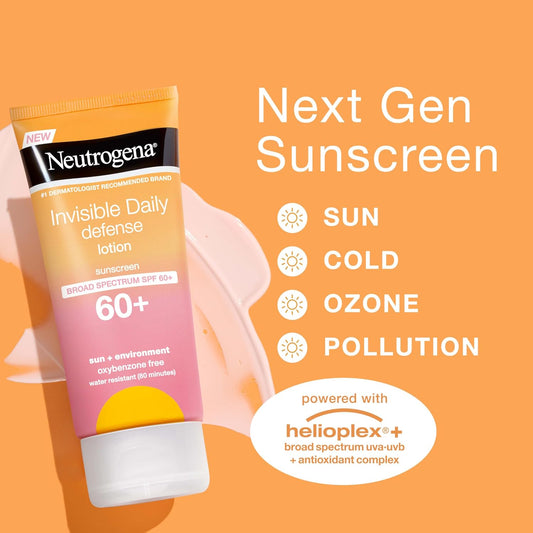 Invisible Daily Sunscreen Lotion, Broad Spectrum SPF 60+, Oxybenzone-Free & Water-Resistant, Sun or Environmental Aggressor Protection, Antioxidant, 3 Fl Oz (Pack of 1)