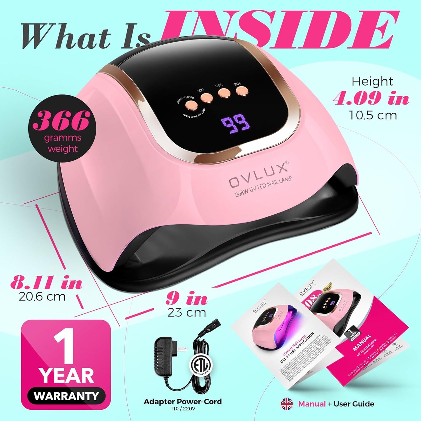 UV Light for Nails - 208W UV LED Nail Lamp with 66 Beads, Professional Nail Dryer for Quick Drying - Lampara Led Para Uñas Profesional