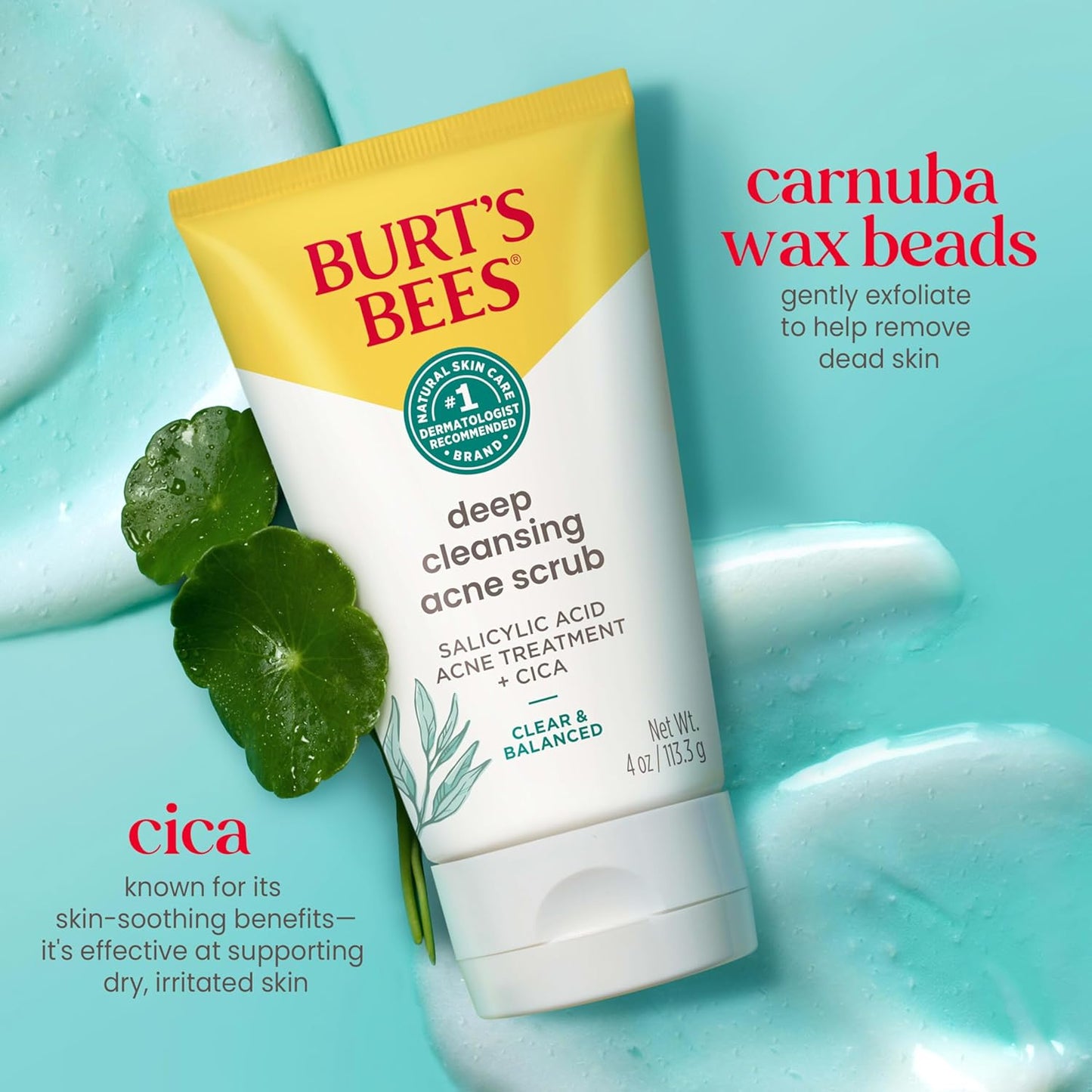 Burt’S Bees Back to School Dorm Essentials, Clear and Balanced Deep Cleansing Acne Scrub, Salicylic Acid Acne Treatment with Cica, Facial Cream Exfoliator Helps Unclog Pores and Reduce Acne, 4 Oz