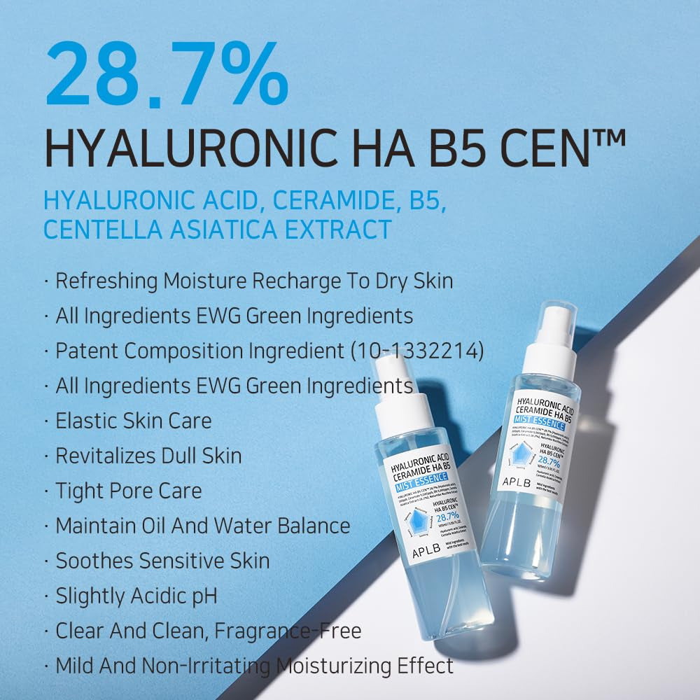 Hyaluronic Acid Ceramide HA B5 Mist Essence | HYALURONIC HA B5 CEN™ 28.7% 3.55 Fl.Oz/Korean Skincare, Replenishing Moisture, Revitalize for Gentle and Improve Skin Texture through Hyaluronic
