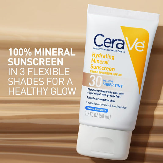 Hydrating Mineral Sunscreen SPF 30 with Sheer Tint, Tinted Mineral Sunscreen with Zinc Oxide & Titanium Dioxide, Blends Seamlessly for Healthy Glow, Light, 1.7 Oz