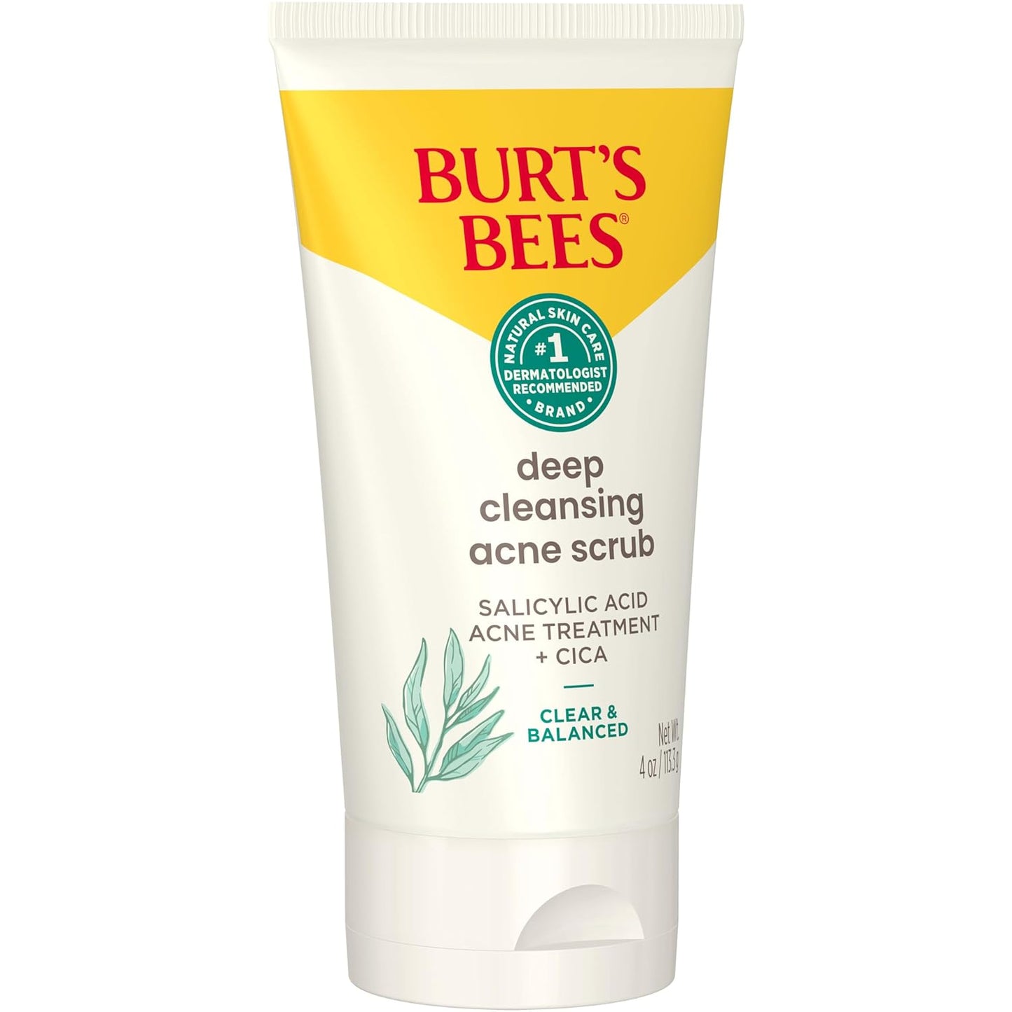 Burt’S Bees Back to School Dorm Essentials, Clear and Balanced Deep Cleansing Acne Scrub, Salicylic Acid Acne Treatment with Cica, Facial Cream Exfoliator Helps Unclog Pores and Reduce Acne, 4 Oz