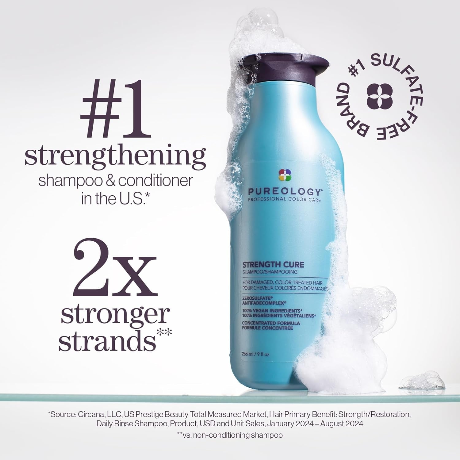 Pureology Strength Cure Shampoo - for Damaged or Color-Treated Hair, Strengthens & Prevents Breakage, Seals Split Ends, Vegan & Sulfate-Free