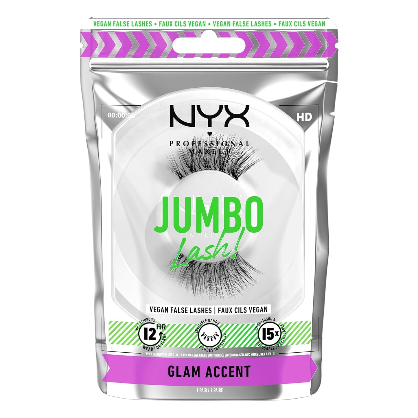 Jumbo Lash! Vegan False Eyelashes, up to 12HR Wear, Reusable Fake Lashes - Glam Accent