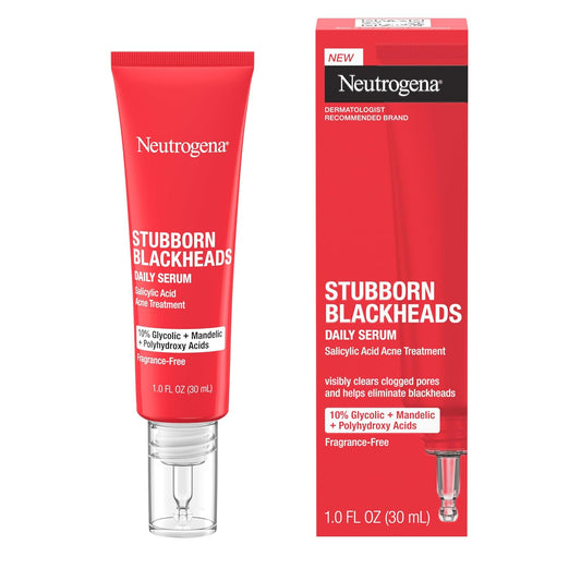 Stubborn Blackheads Daily Acne Facial Serum with Salicylic, Glycolic, Polyhydroxy & Mandelic Acids, Oil-Free Face Serum for Acne-Prone Skin to Help Clear Clogged Pores, 1 Fl. Oz
