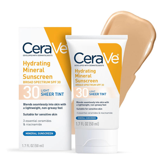 Hydrating Mineral Sunscreen SPF 30 with Sheer Tint, Tinted Mineral Sunscreen with Zinc Oxide & Titanium Dioxide, Blends Seamlessly for Healthy Glow, Light, 1.7 Oz