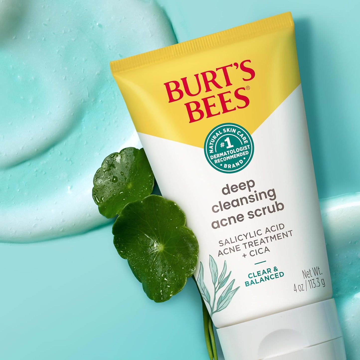 Burt’S Bees Back to School Dorm Essentials, Clear and Balanced Deep Cleansing Acne Scrub, Salicylic Acid Acne Treatment with Cica, Facial Cream Exfoliator Helps Unclog Pores and Reduce Acne, 4 Oz