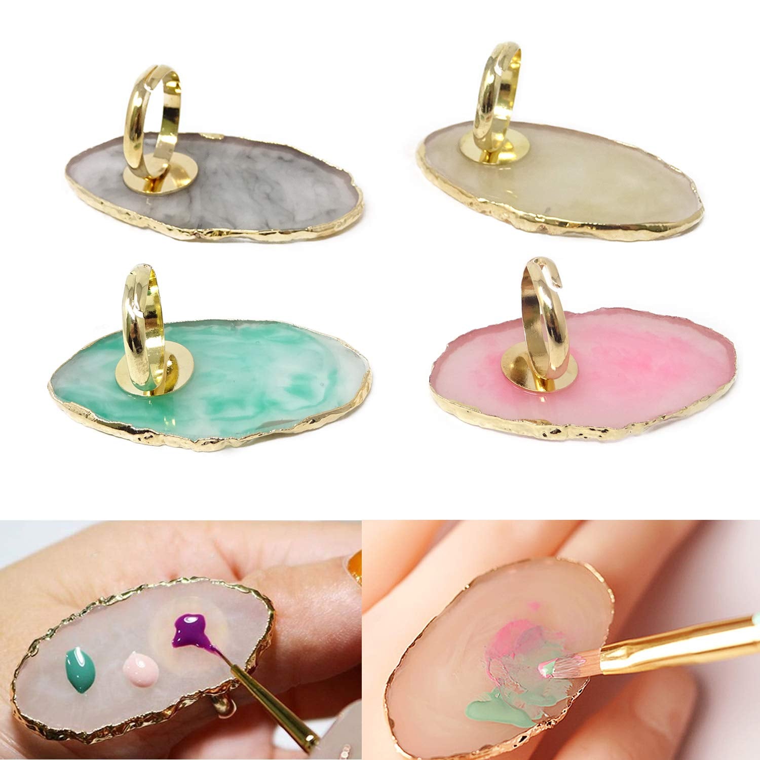 4PCS Resin Marble Nail Art Palette Rings Gel Polish Mixing Trays DIY Color Plates Nail Art Polish Holder with Adjustable Finger Ring for Nail Art