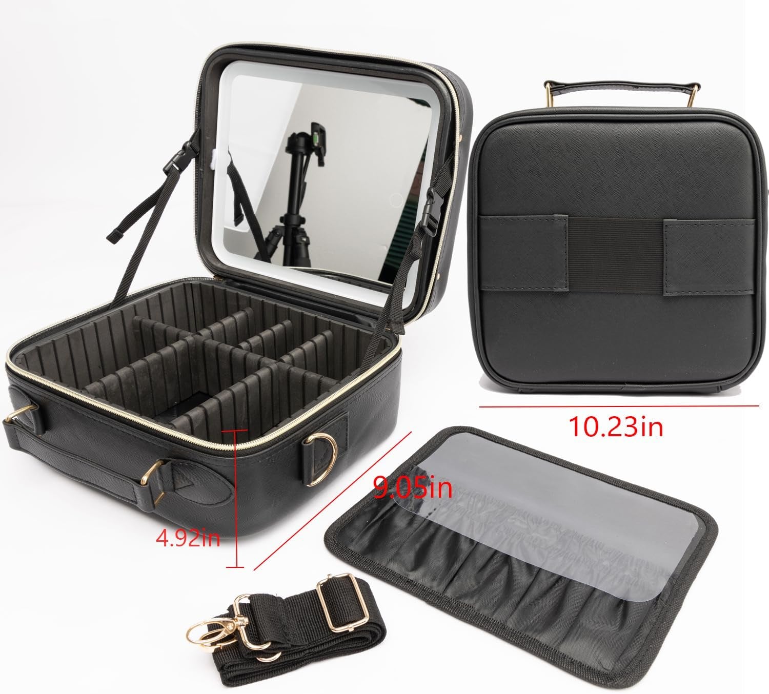 Travel Makeup Bag with LED Lighted, Cosmetic Case with Mirror, 3 Color Setting, Adjustable Dividers, Makeup Brushes for Women, Black, Waterproof, Scratch Resistant