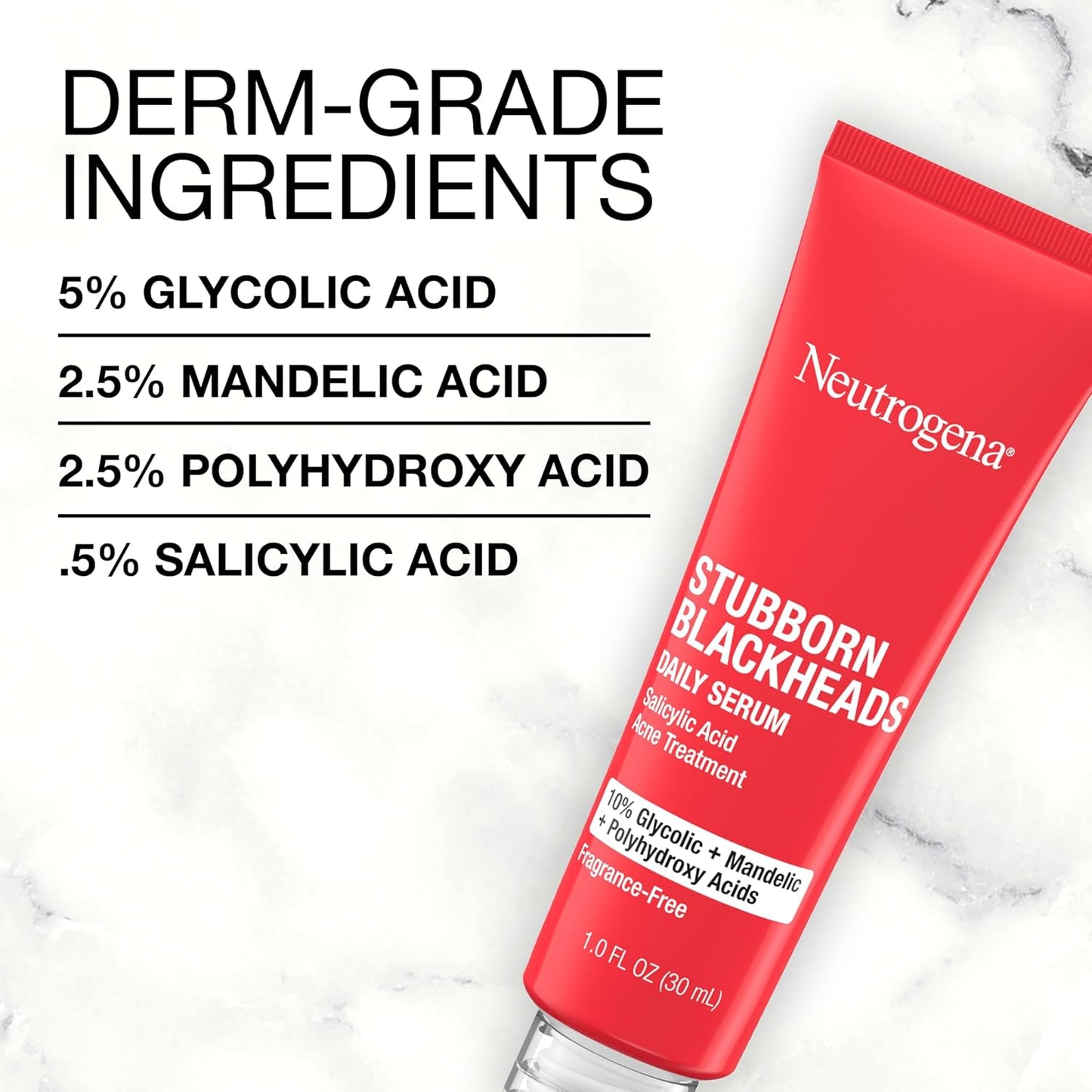 Stubborn Blackheads Daily Acne Facial Serum with Salicylic, Glycolic, Polyhydroxy & Mandelic Acids, Oil-Free Face Serum for Acne-Prone Skin to Help Clear Clogged Pores, 1 Fl. Oz
